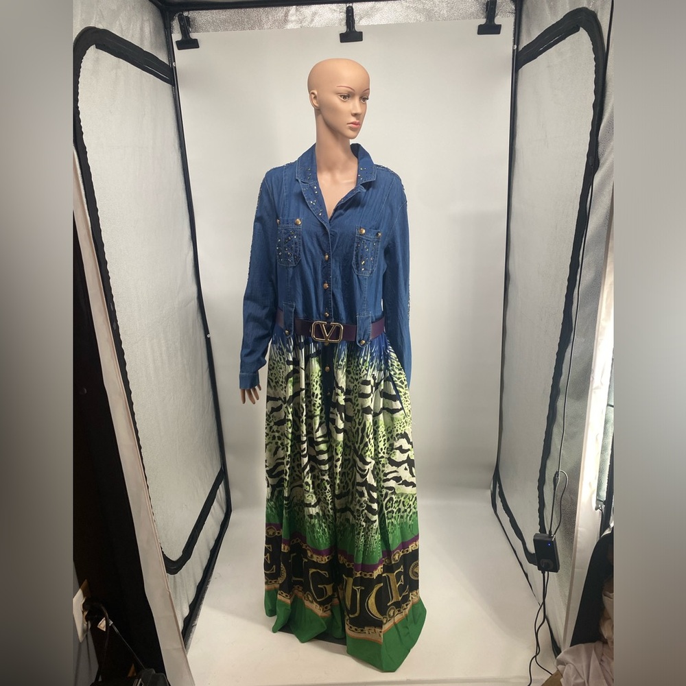 Blue Denim and Green Animal Print Rhinestone Maxi Dress with Gold Accent Belt